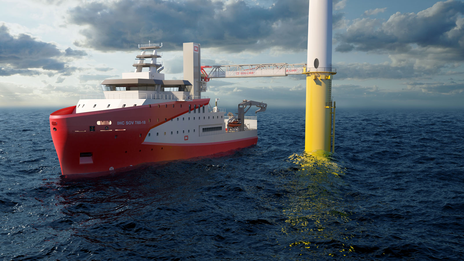 Artist's impression of the autonomous SOV at sea, with gangway connected to a wind turbine