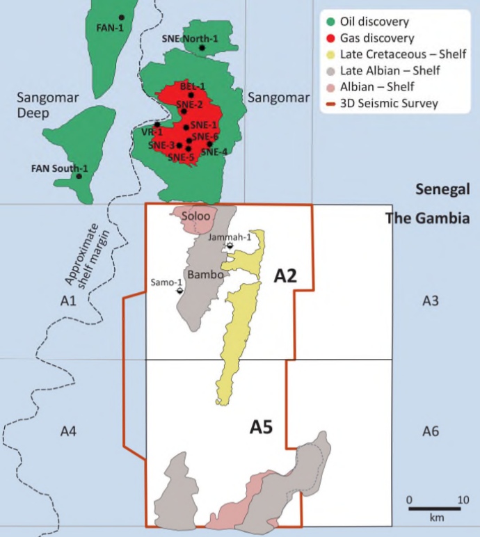 Location of prospects in blocks A2 and A5, the Gambia