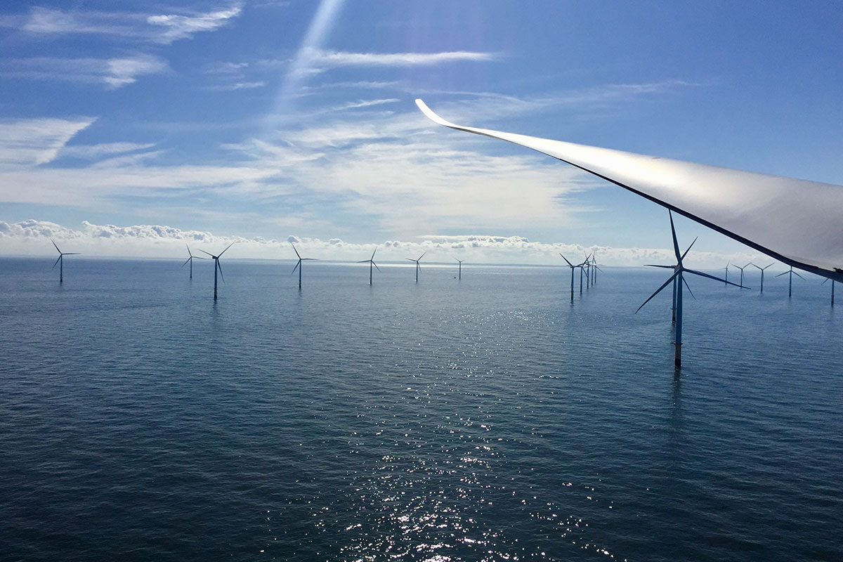 A photo of an offshore wind farm taken from a turbine rotor level