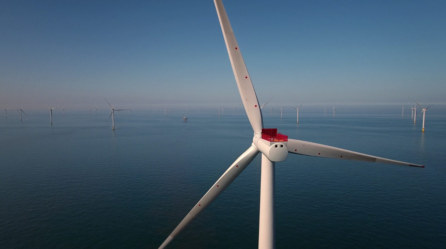 A photo of the Race Bank offshore wind farm with one wind turbine rotor close up