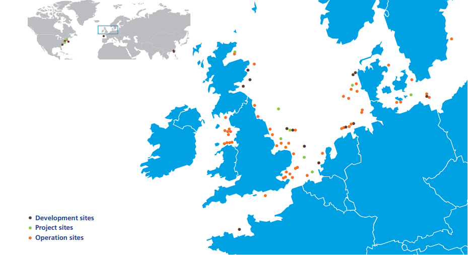 A map image showing G+ member offshore wind sites in the U.S., Europe and Asia Pacific