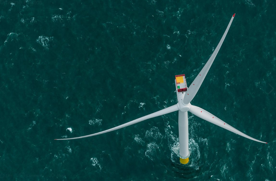 An aerial Siemens Gamesa offshore wind turbine installed at sea