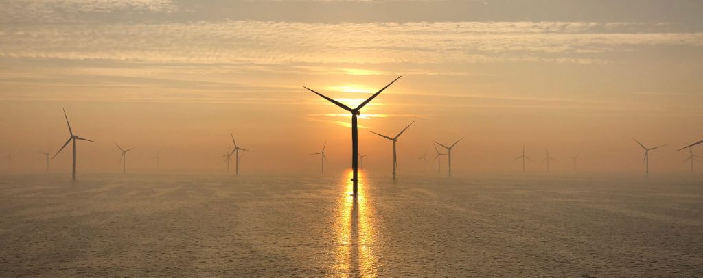German offshore wind farm Arkona in sunset