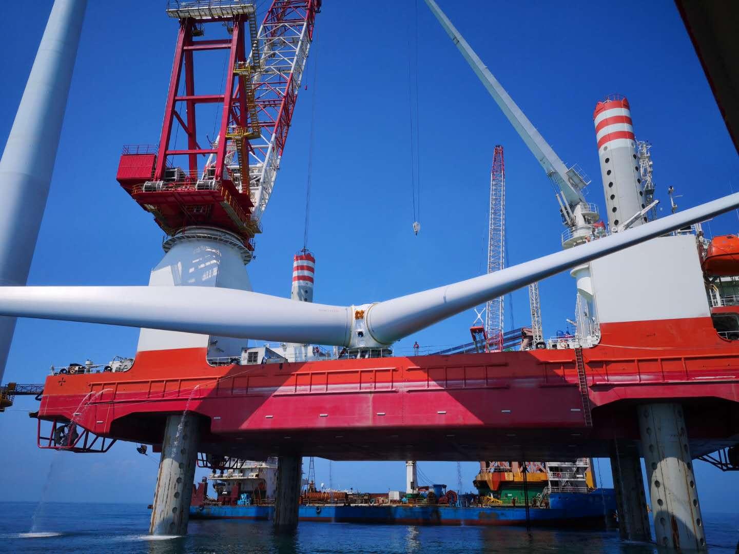 A photo of a MingYang wind turbine rotor aboard an installation vessel