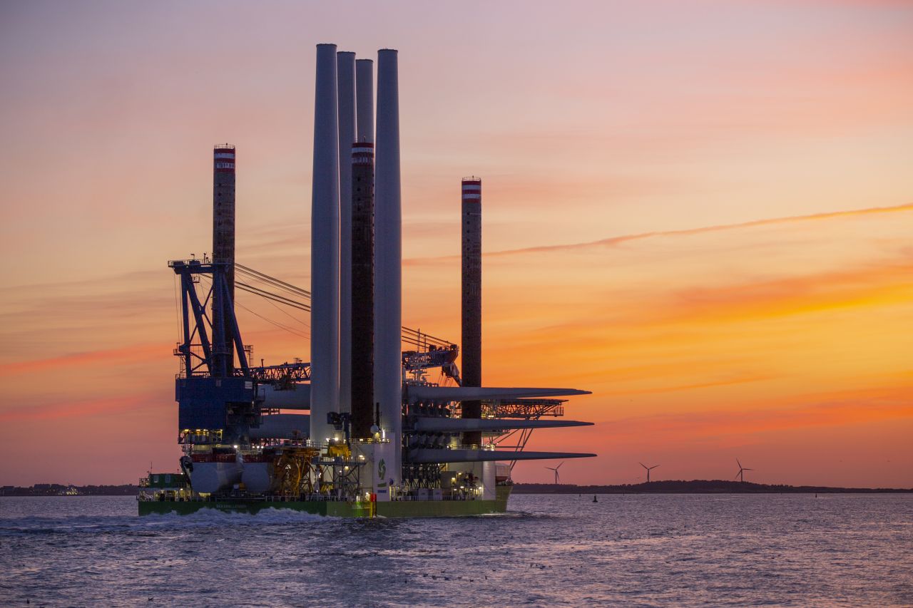 Sea Challenger sailing with Borssele 1 & 2 turbine parts in sunset