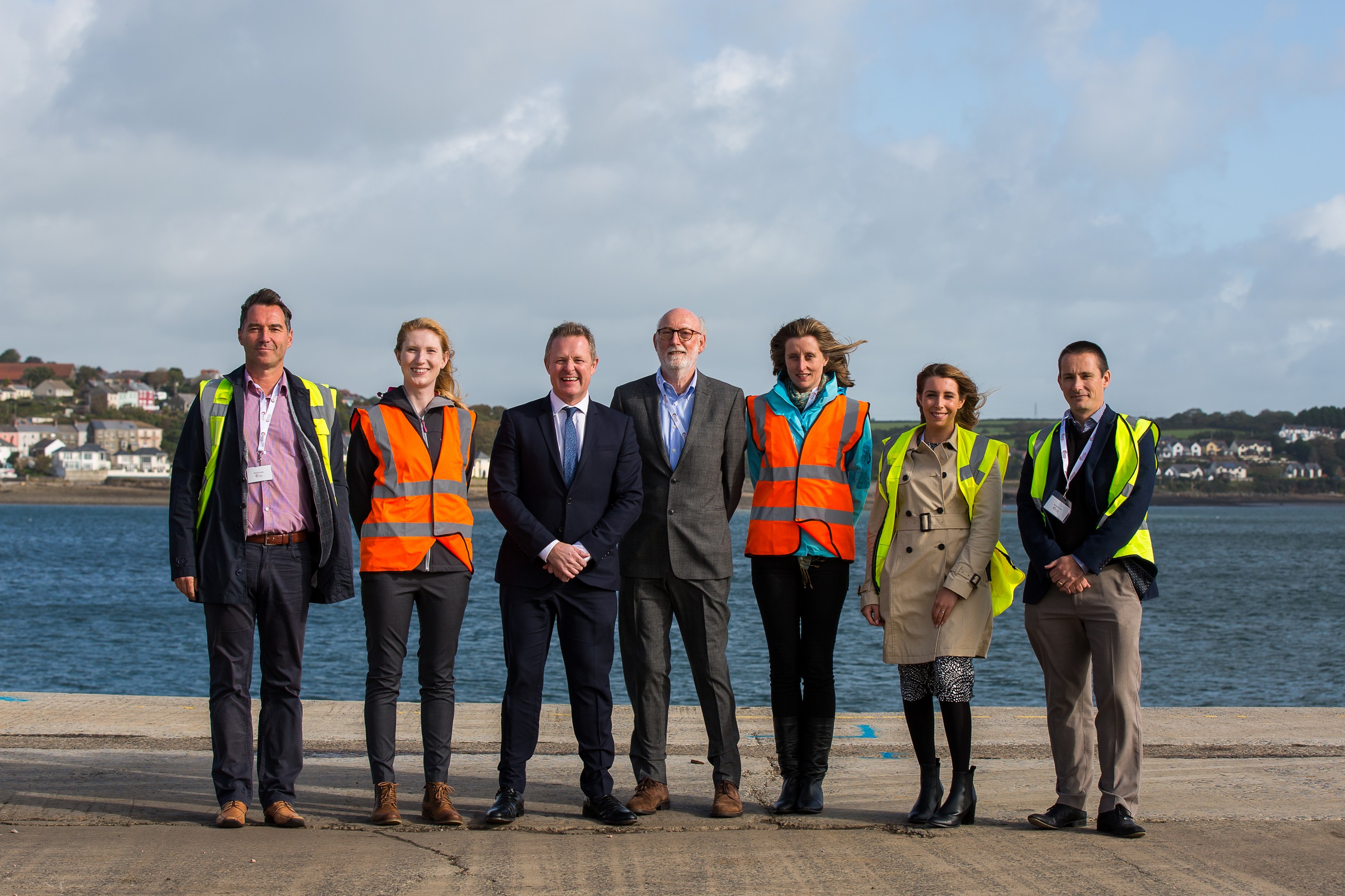 The META team with Jeremy Miles AM at Pembroke Port. L-R David Jones, Holly Pretious, Jeremy Miles AM, Nick Ainger, Jess Hooper, Bethan Simes, Joseph Kidd