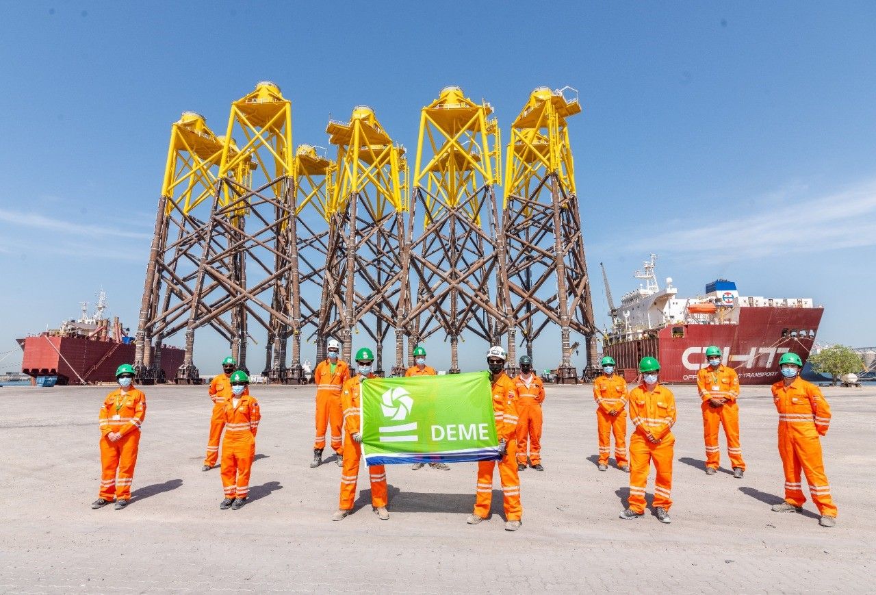 Lamprell team in from of the last Moray East jacket foundations at the facility in Dubai