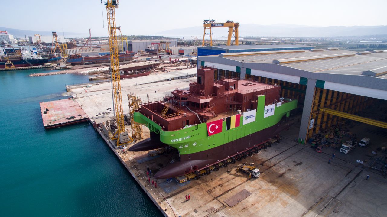 Aerial photo of DEME's first SOV being launched at the shipyard in Turkey
