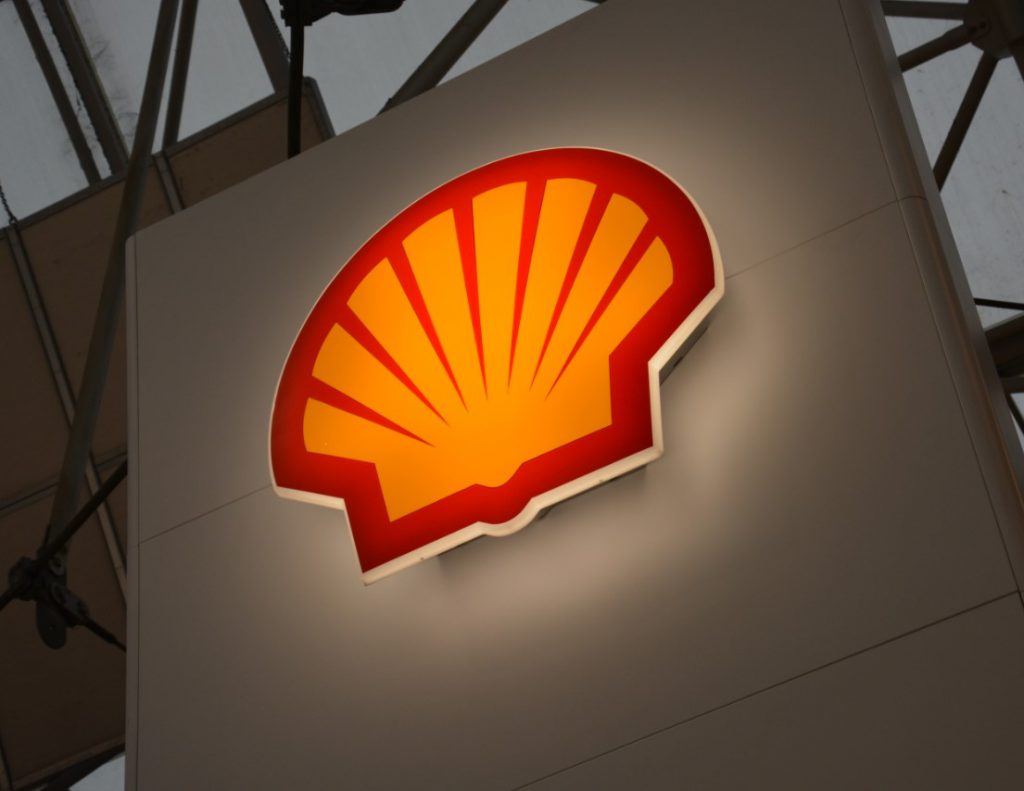 A photo of Shell's logo on a booth at an energy event