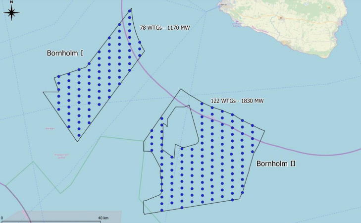 Image mapping one of potential layouts at the Bornholm offshore wind area. 