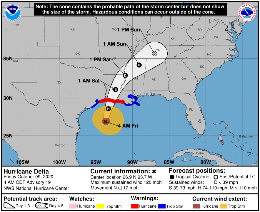 Hurricane Delta cone projection; Source: NOAA