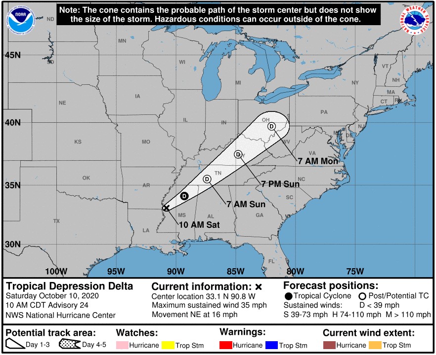 Hurricane Delta cone projection; Source: NOAA BSEE