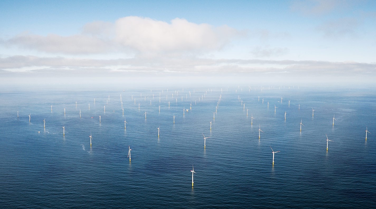 An aerial view of an offshore wind farm