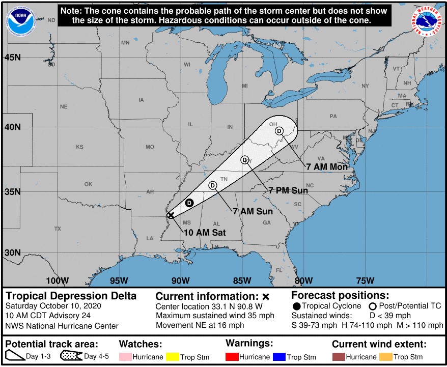 Hurricane Delta projected cone; Source: NOAA BSEE