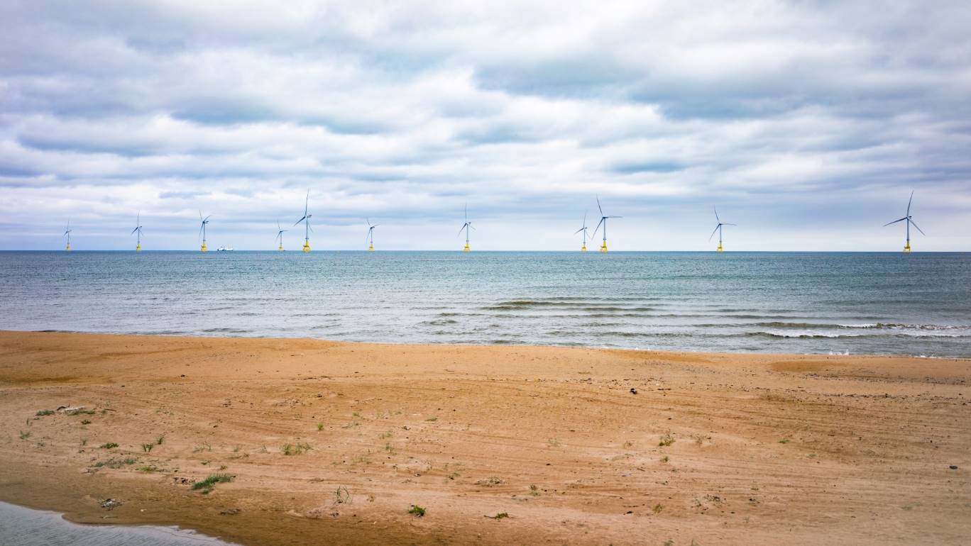 The EOWDC offshore wind turbines photographed from Balmedie Beach