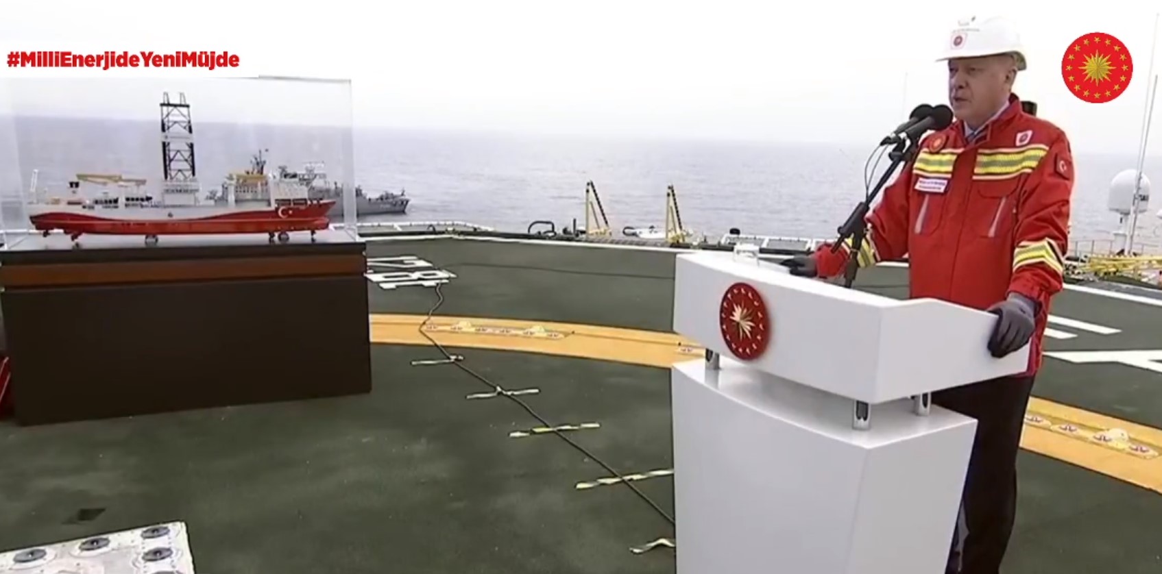 Recep Tayyip Erdoğan speaking onboard the Fatih drillship; Source: Erdoğan's Twitter account