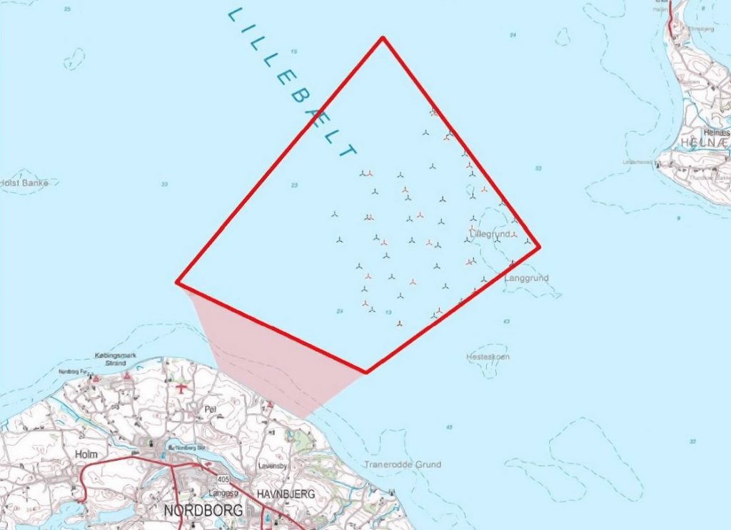 A map showing the project area and wind turbine locations of the Lillebælt Syd nearshore wind farm