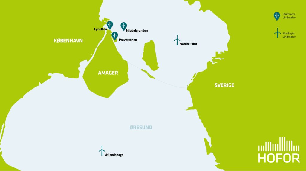 An image showing locations of HOFOR's offshore and onshore wind farms