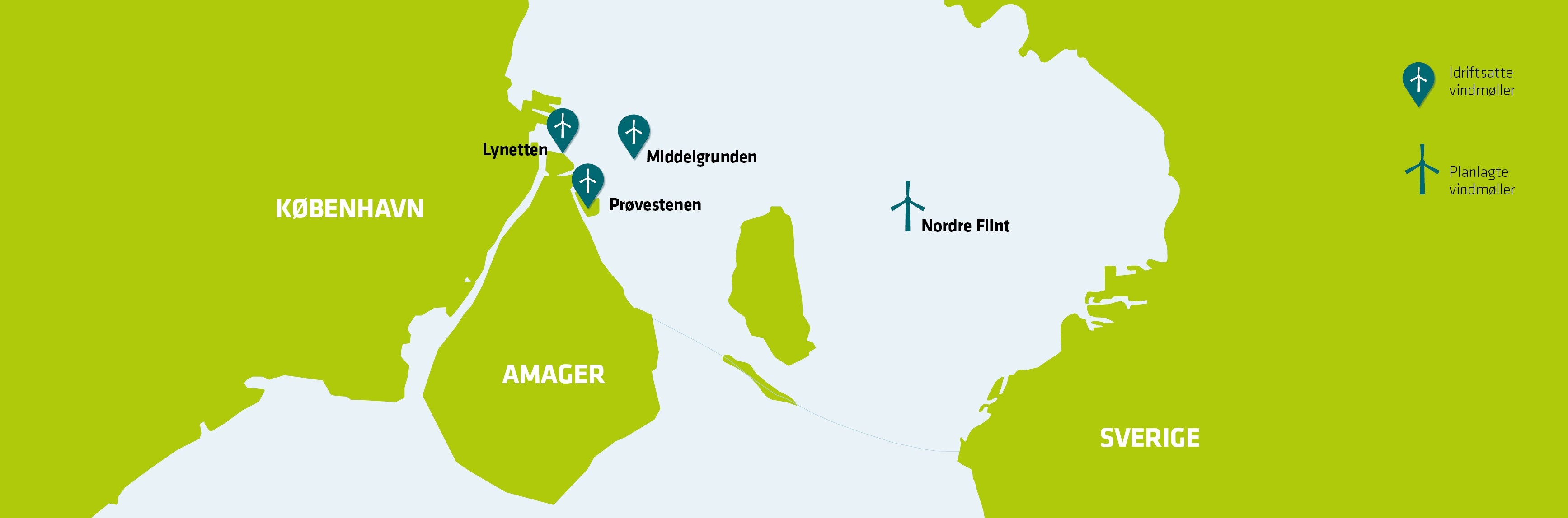 An image showing locations of HOFOR Nordre Flint nearshore wind farm