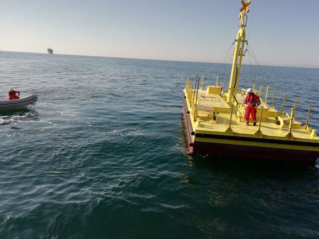 A photo of the Inertial Sea Wave Energy Converter (ISWEC), a hybrid wave and photovoltaic power converter (Courtesy of Ocean Energy Europe)