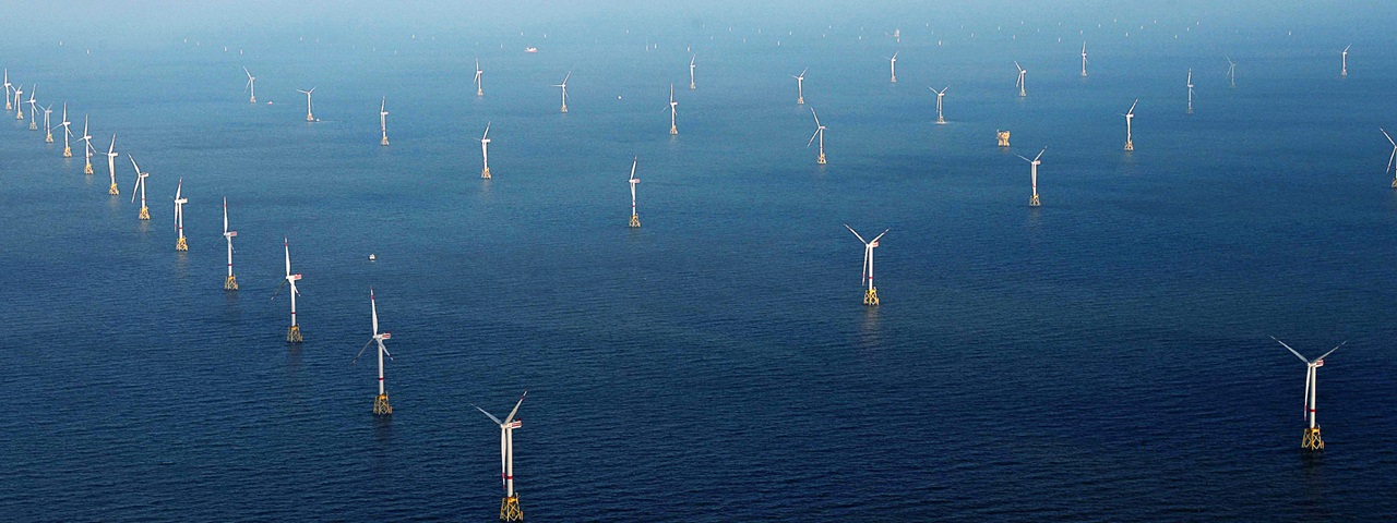 A photo of the Nordsee Ost ofshore wind farm in Germany, owned by RWE