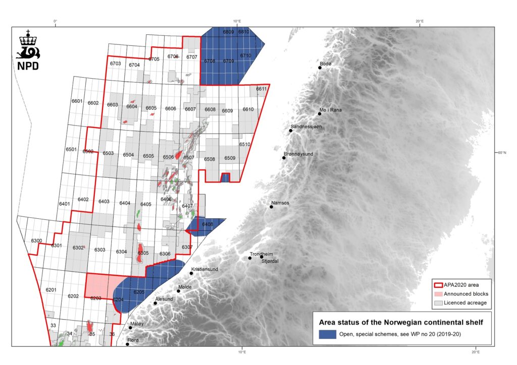 Map of acreage available for application in the Norwegian Sea in 25th licensing round in Norway. 