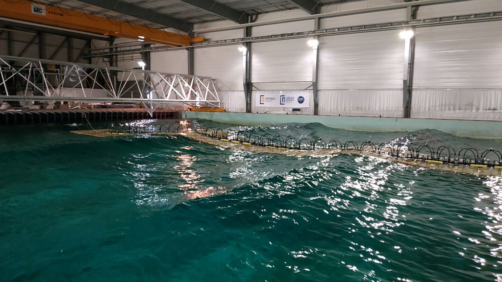 A photo of SWEL’s Wave Line Magnet under tests at Centrale Nantes wave tank, managed by LHEEA (Courtesy of ©Centrale Nantes)