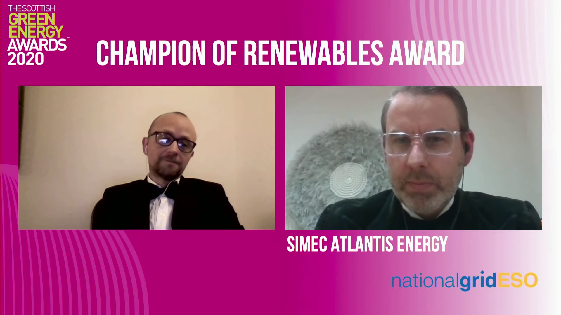A screenshot of Tim Cornelius (right) accepting the Champion of Renewables Award for SIMEC Atlantis (Courtesy of Scottish Renewables)