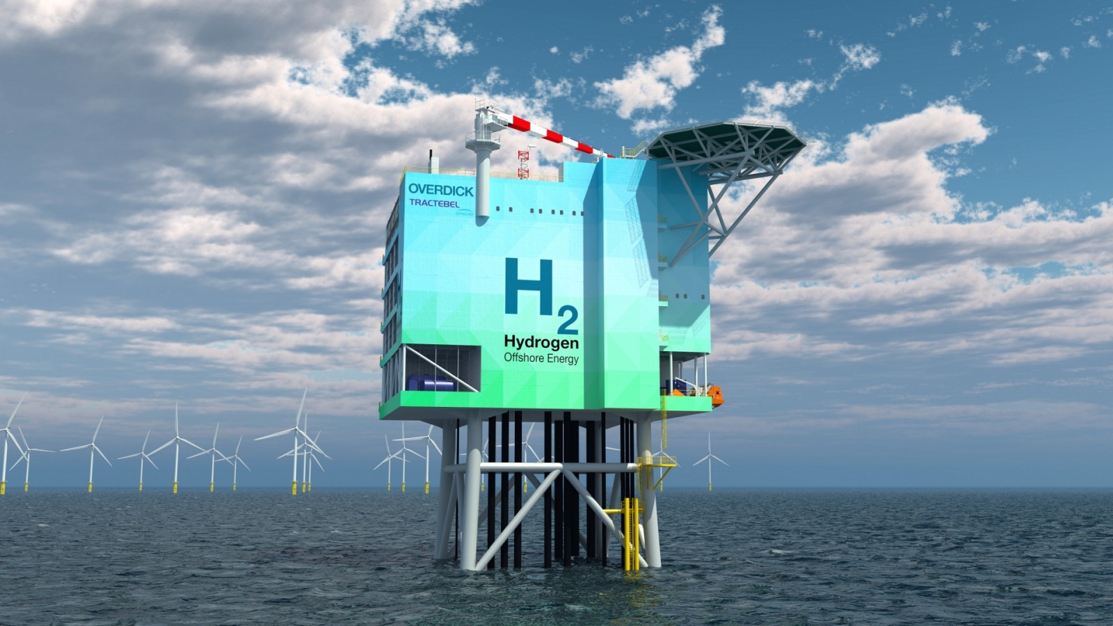 An image rendering Tractebel hydrogen platform at an offshore wind farm