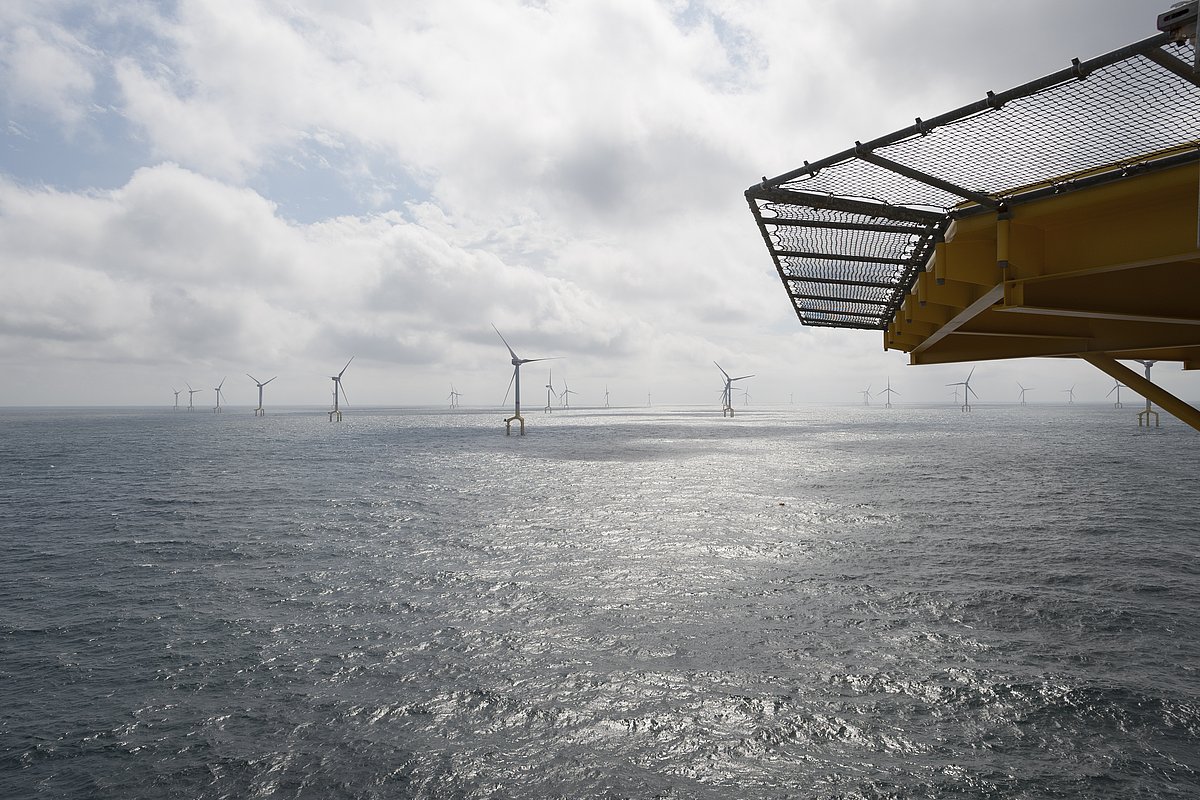 A photo of an offshore wind farm with a converter platform in the right corner