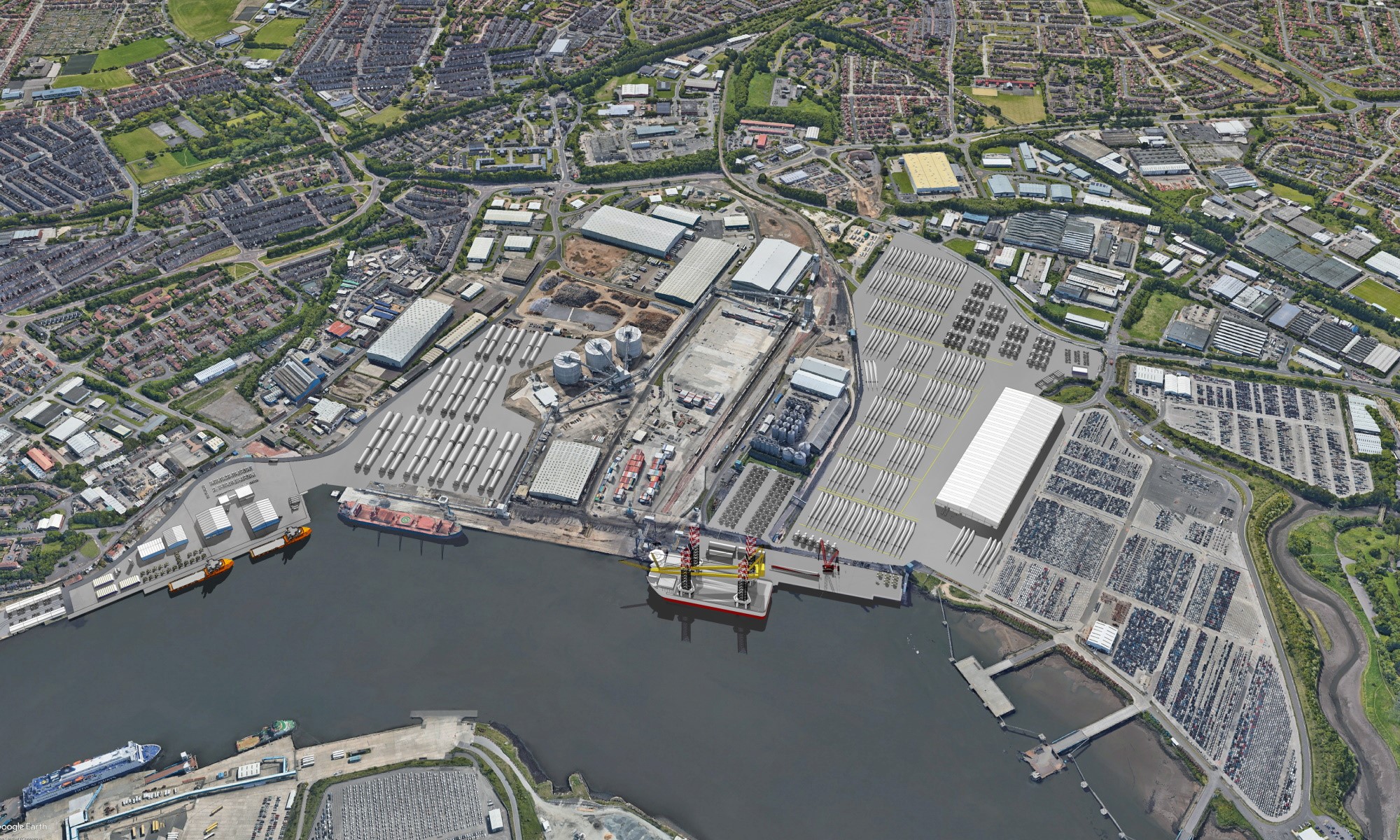 An image rendering Port of Tyne facilities for Dogger Bank O&M base, aerial view