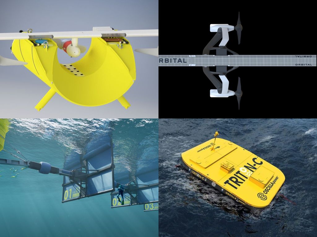 Marine energy technologies by QED Naval; Orbital Marine; Wavepiston; and Oscilla Power (Courtesy of QED Naval; Orbital Marine; Wavepiston; Oscilla Power)