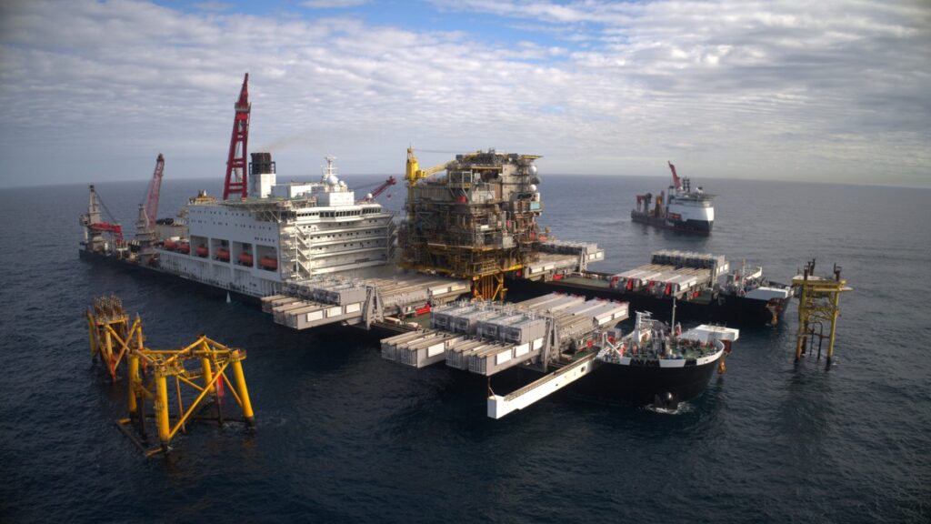 Pioneering Spirit removing Tyra TWA topsides