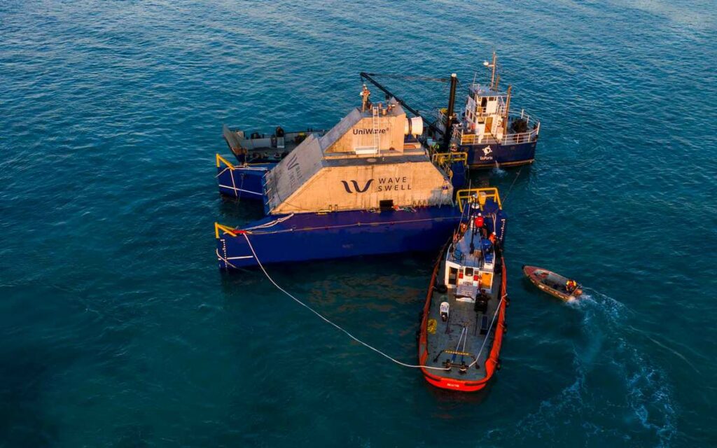 Photo of UniWave200 during deployment operation (Courtesy of Wave Swell Energy)