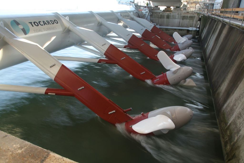 Photo of tidal energy array at the Oosterschelde Tidal Power (OTP) project (Courtesy of QED Naval)