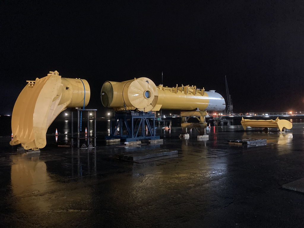 A photo of Blue X wave energy device in three pieces at at Rosyth Port (Courtesy of Mocean Energy)