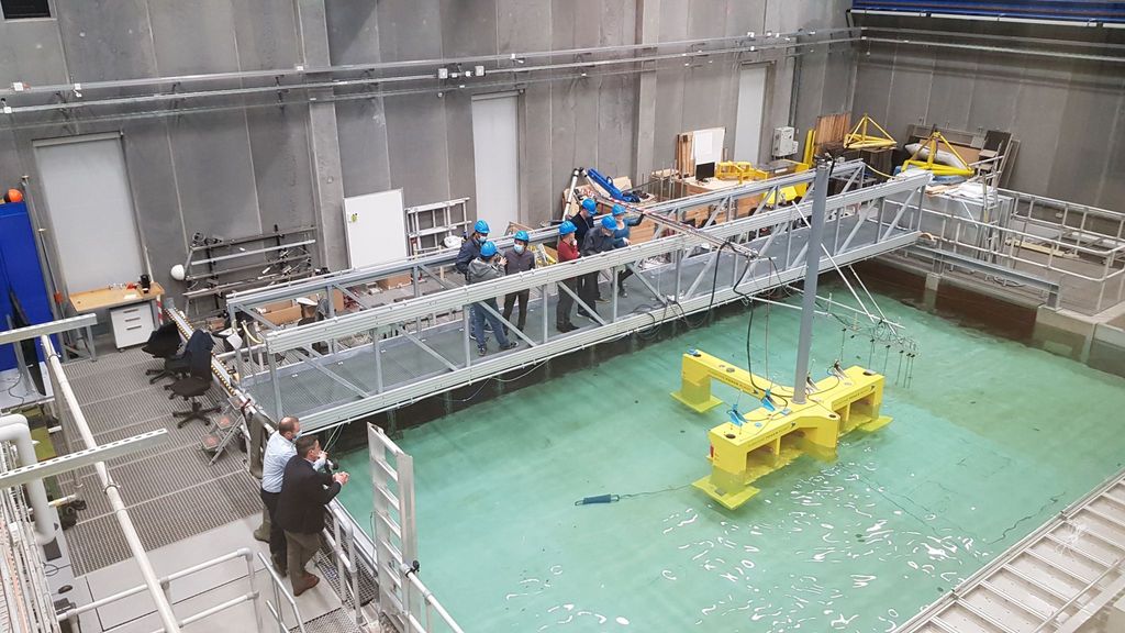 A photo of FPP's hybrid floating wind and wave platform at IHCantabria (Courtesy of Floating Power Plant)