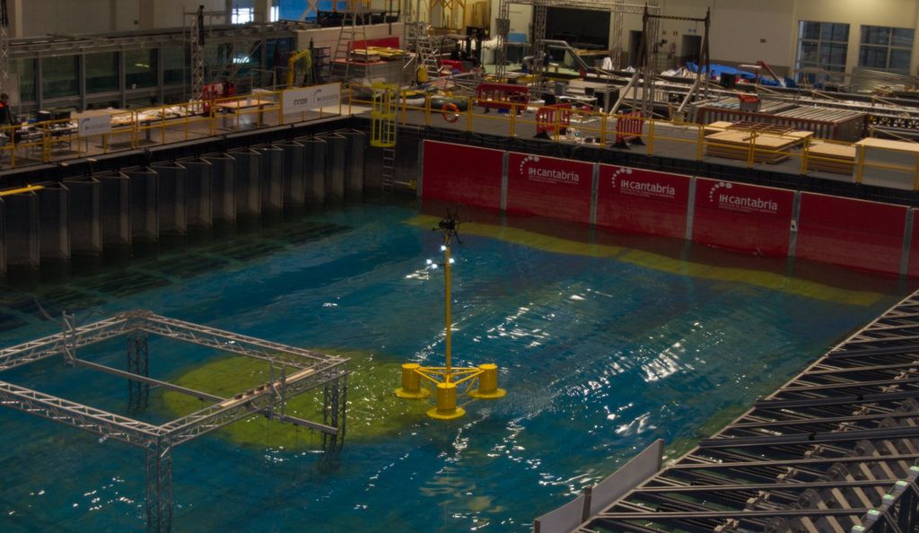 A photo of FPP's hybrid floating wind and wave platform under tests at IHCantabria (Courtesy of IHCantabria)