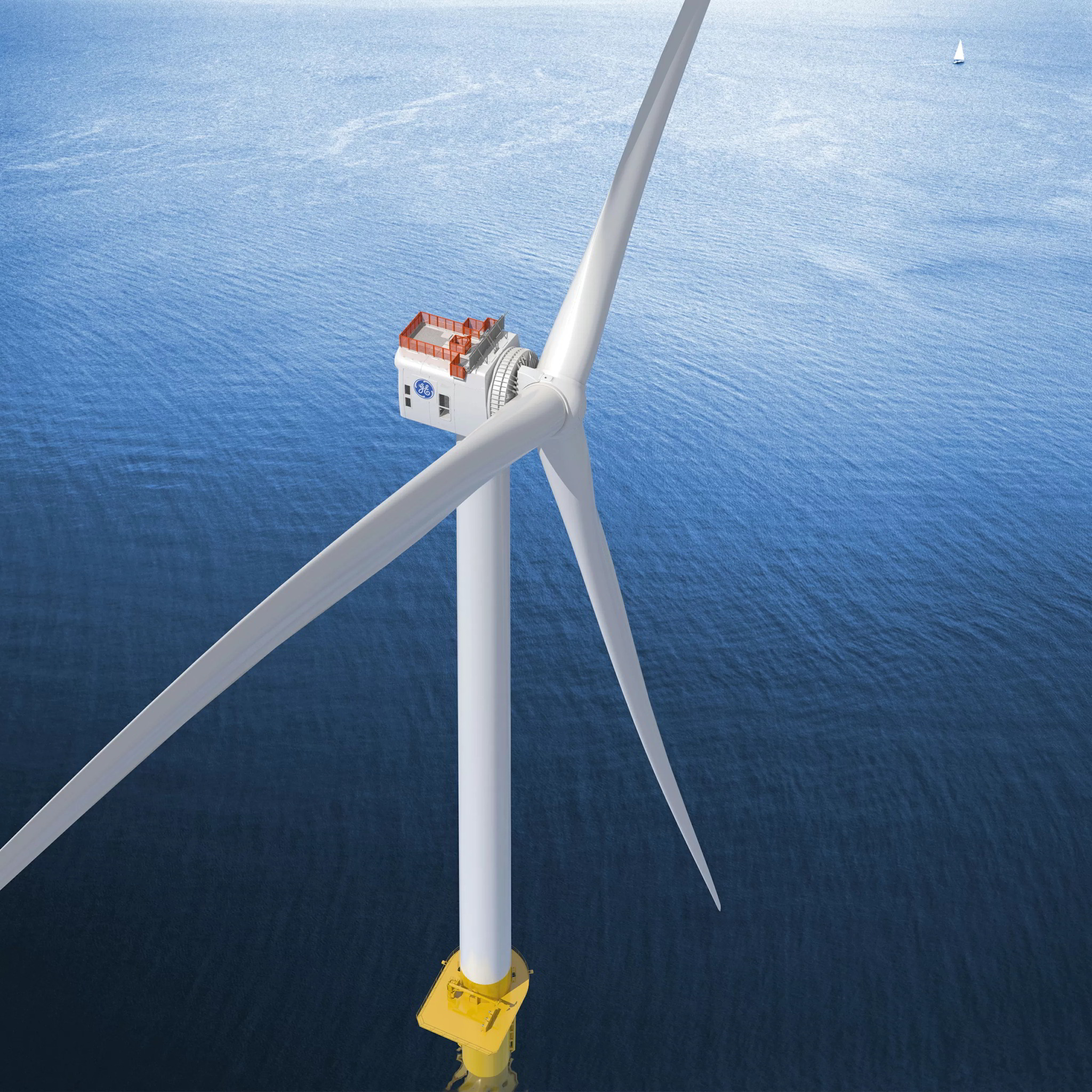 An aerial photo of a GE Haliade offshore wind turbine