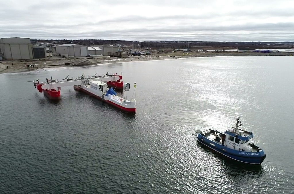 Photo of PLAT-I 6.40 floating tidal energy platform (Courtesy of Sustainable Marine Energy)