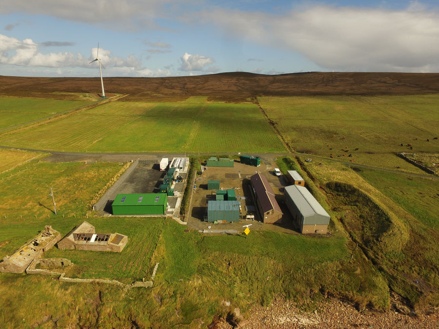 Photo of EMEC's onshore substation and hydrogen plant (Courtesy of EMEC; Photo by Orkney Sky Cam)