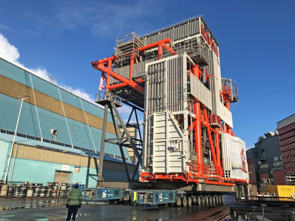 Load-out of the riser hang off module for the Snorre Expansion Project at Aibel’s yard in Haugesund. (Photo: Eva Sleire/Equinor)