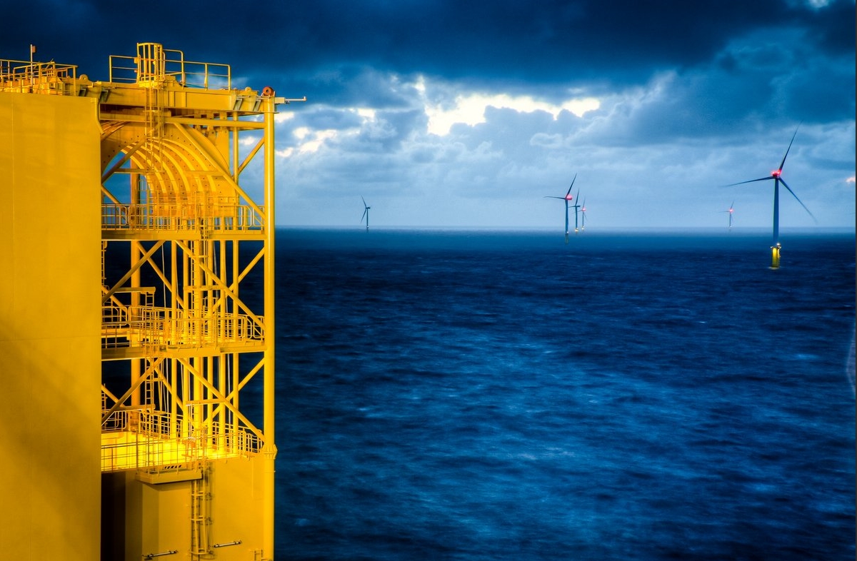 A view at an offshore wind farm from an offshore converter substation