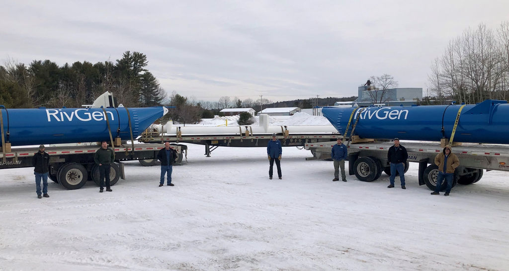 Photo of ORPC's RivGen sub-components (pontoons and chassis) prepare to depart Downeast Machine & Engineering in Maine (Courtesy of ORPC)