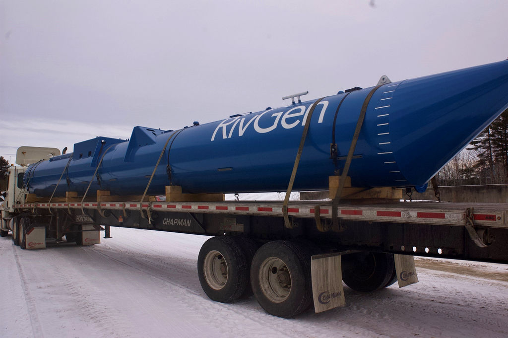 Photo of ORPC's RivGen pontoon preparing to depart for Brunswick, Maine (Courtesy of ORPC) 