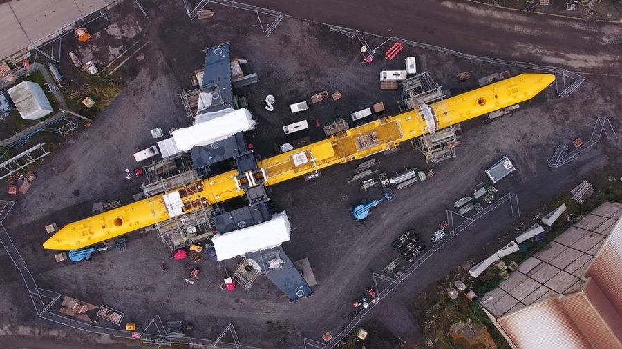 Photo of the the O2 tidal turbine under assembly (Courtesy of Orbital Marine Power)