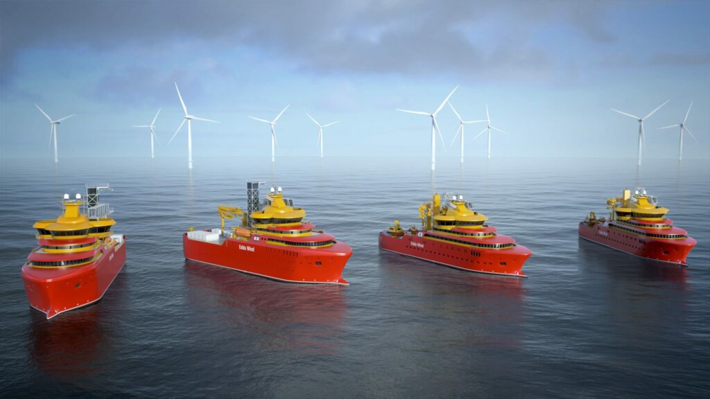 An artist impression of Edda Wind CSOVs and SOVs at an offshore wind farm