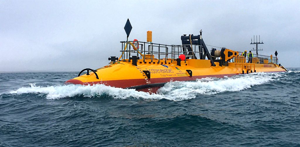 Photo of SR2000 tidal turbine in operation at EMEC tidal test site (Courtesy of Orbital Marine Power)