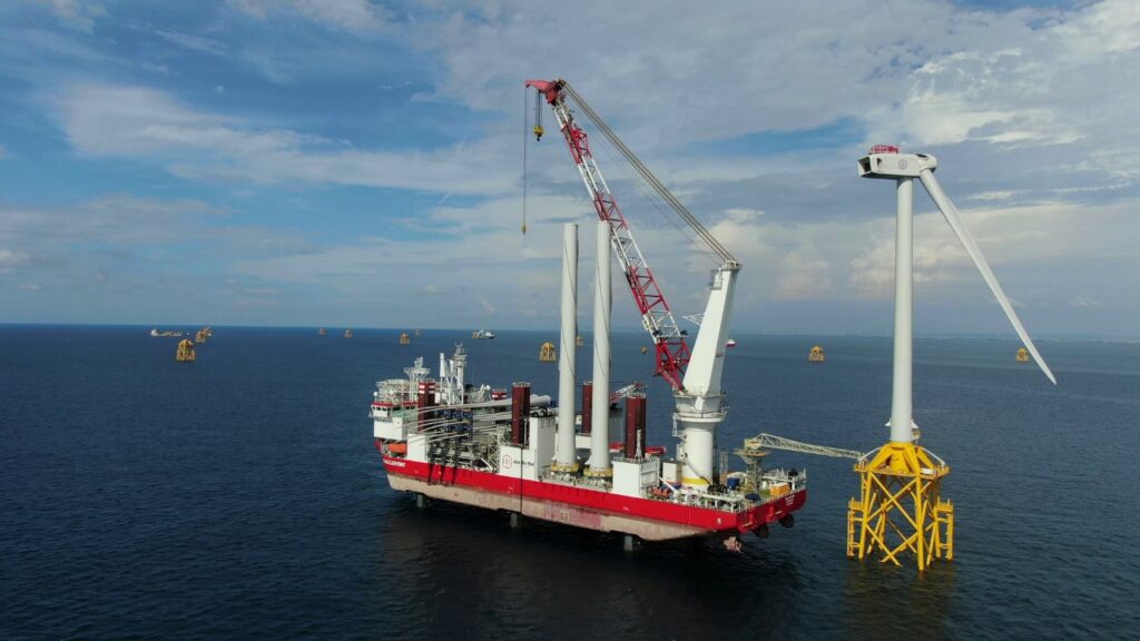 Jan De Nul’s jack-up vessel Taillevent installing the first turbine at Taiwan Power Company’s Changhua Phase 1 offshore wind project