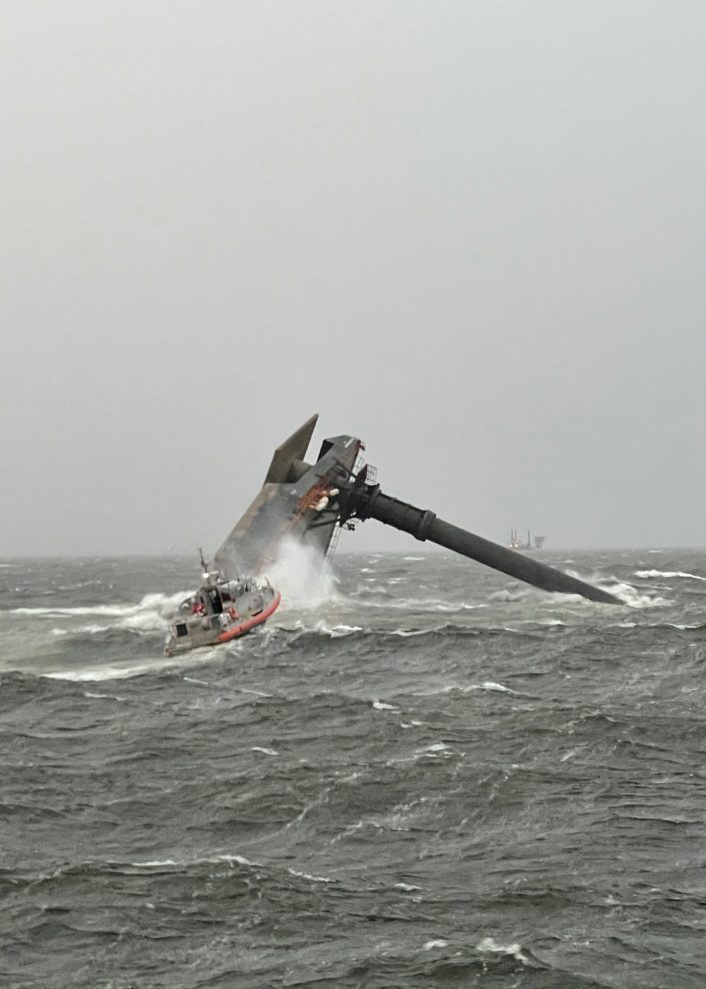 A capsized commercial liftboat